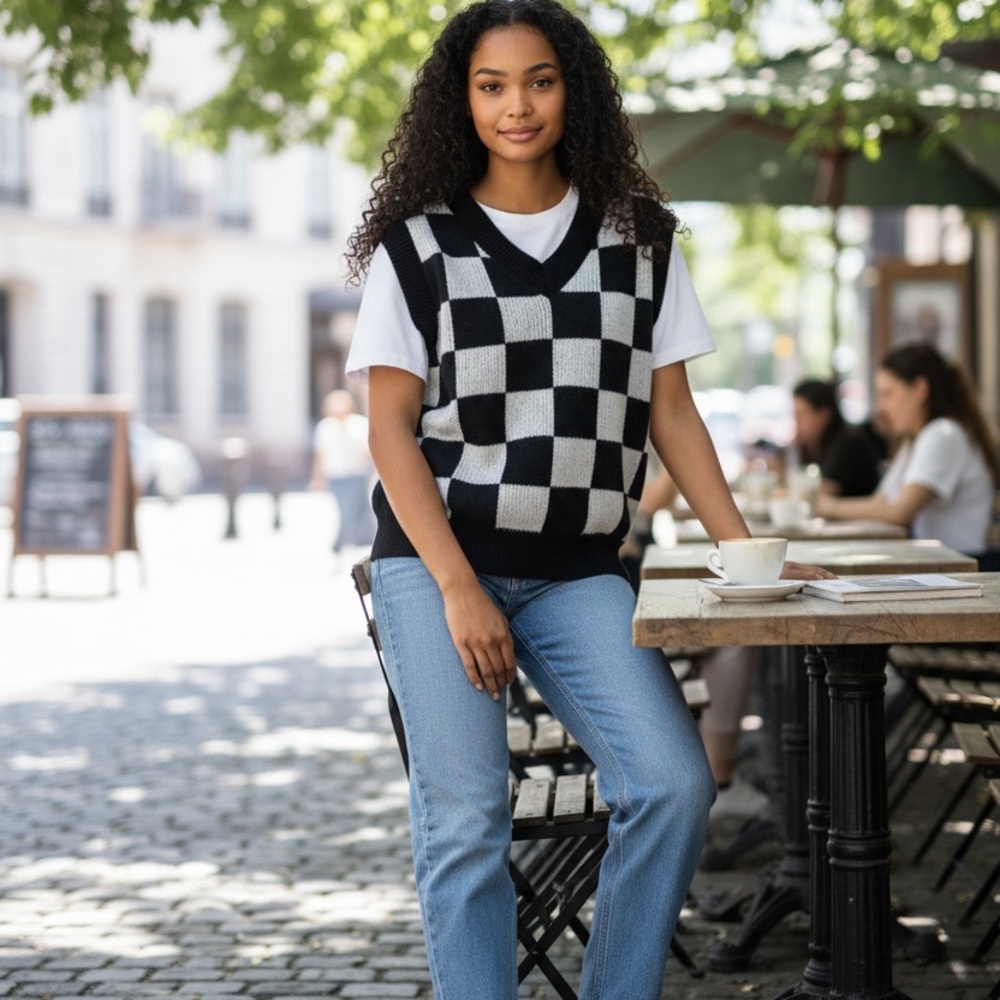 SHEIN Monochrome Checkered V-Neck Sweater Vest